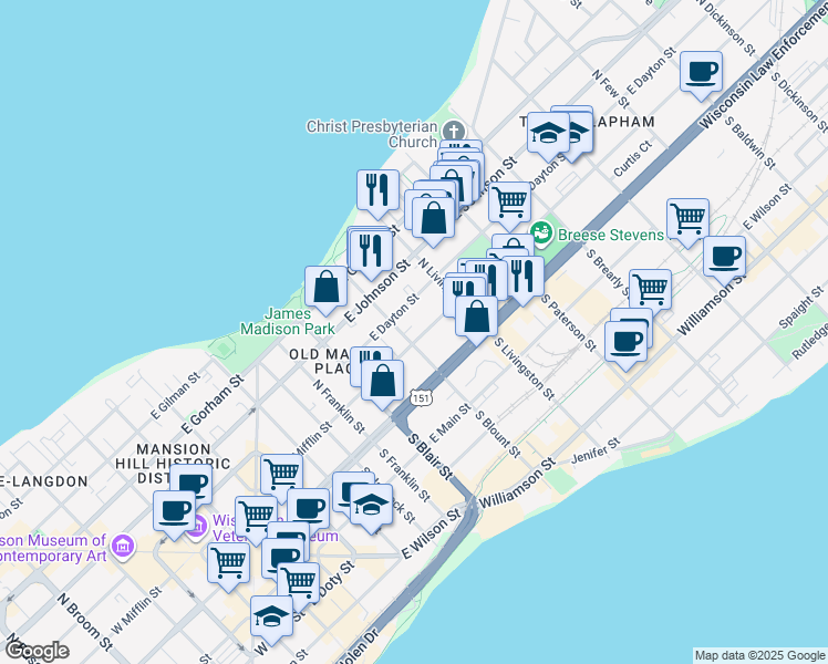 map of restaurants, bars, coffee shops, grocery stores, and more near 710 East Mifflin Street in Madison