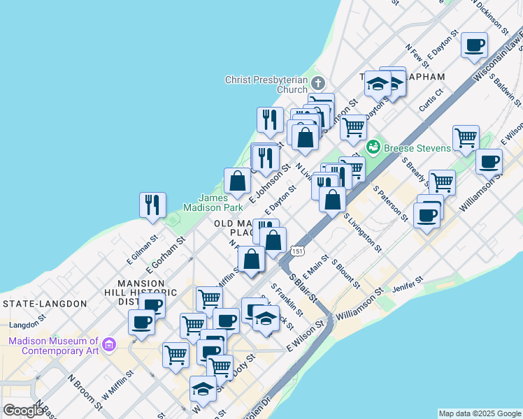 map of restaurants, bars, coffee shops, grocery stores, and more near 635 East Johnson Street in Madison