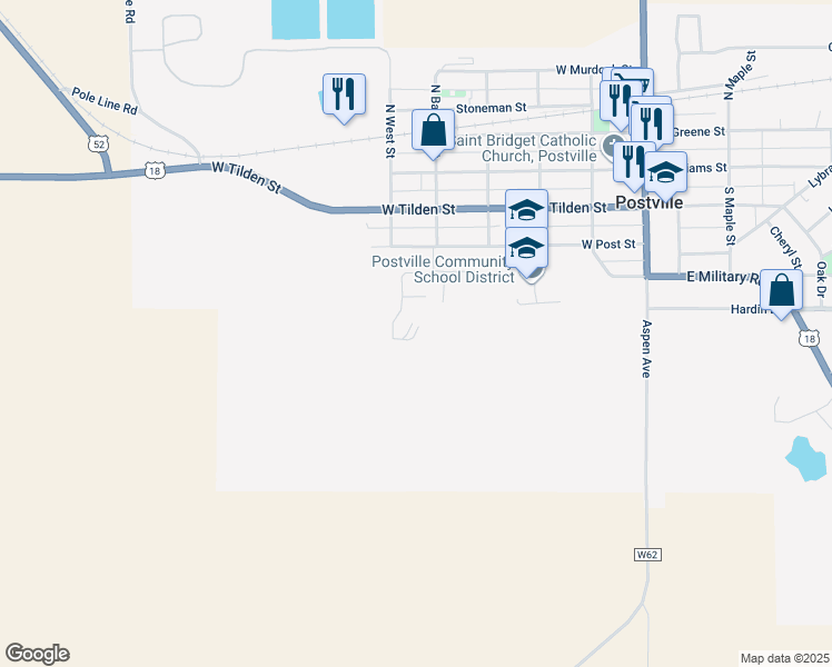 map of restaurants, bars, coffee shops, grocery stores, and more near 540 Willow Drive in Postville