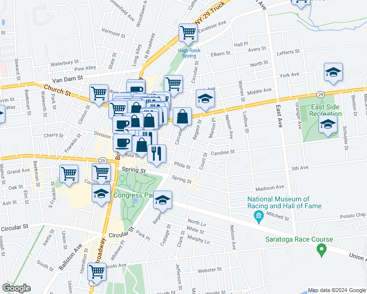 map of restaurants, bars, coffee shops, grocery stores, and more near 104 Caroline Street in Saratoga Springs