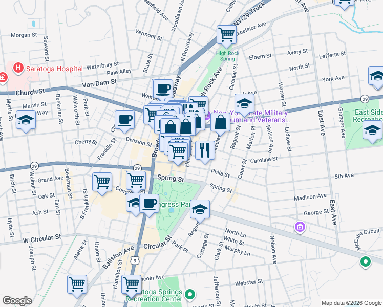 map of restaurants, bars, coffee shops, grocery stores, and more near 66 Caroline Street in Saratoga Springs
