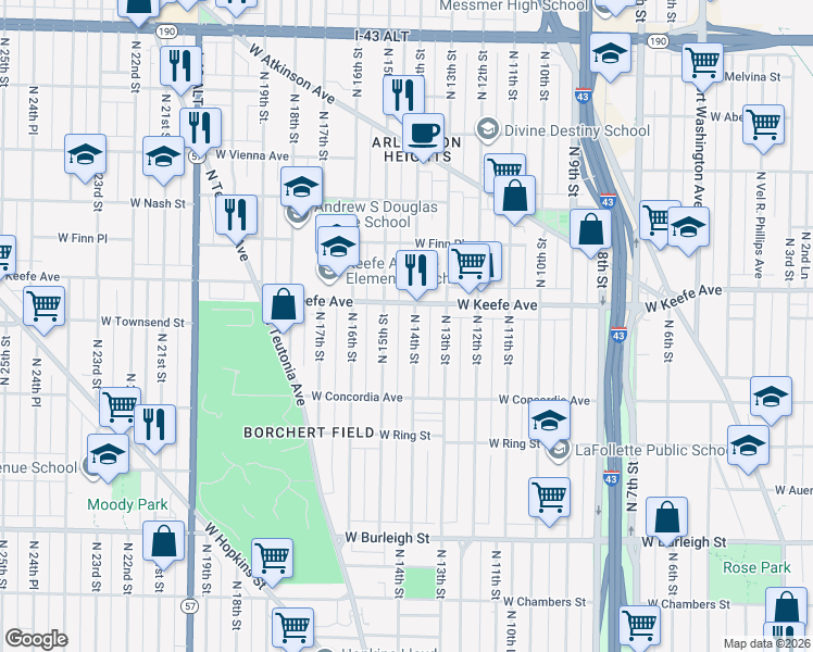 map of restaurants, bars, coffee shops, grocery stores, and more near 3460 North 14th Street in Milwaukee