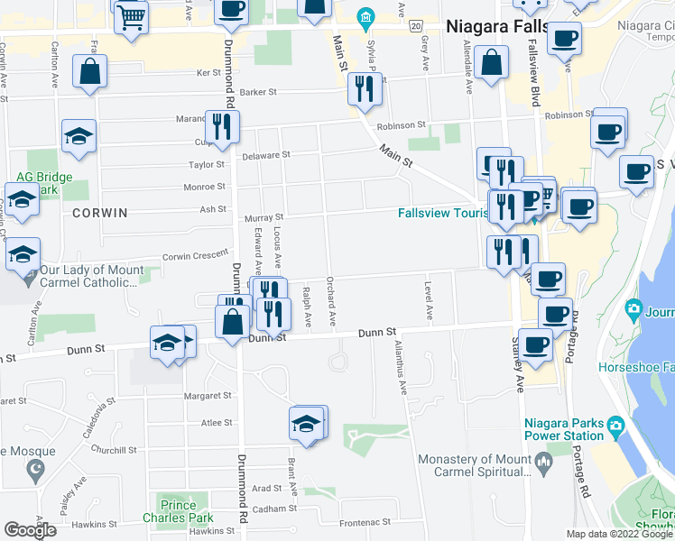 map of restaurants, bars, coffee shops, grocery stores, and more near 5967 Dixon Street in Niagara Falls