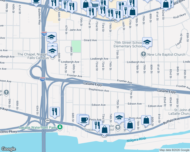 map of restaurants, bars, coffee shops, grocery stores, and more near 433 71st Street in Niagara Falls