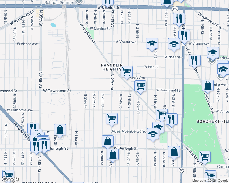 map of restaurants, bars, coffee shops, grocery stores, and more near 2625 West Townsend Street in Milwaukee