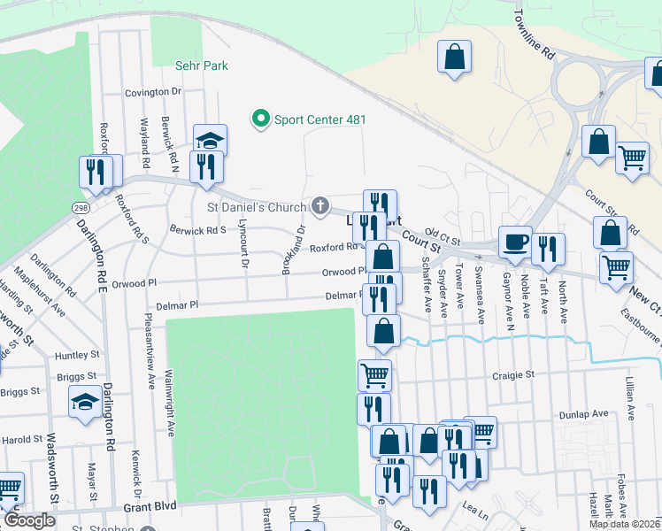 map of restaurants, bars, coffee shops, grocery stores, and more near 624 Roxford Road South in Syracuse
