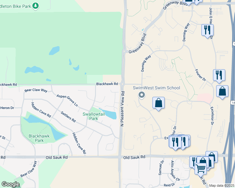 map of restaurants, bars, coffee shops, grocery stores, and more near 1080 North Pleasant View Road in Middleton