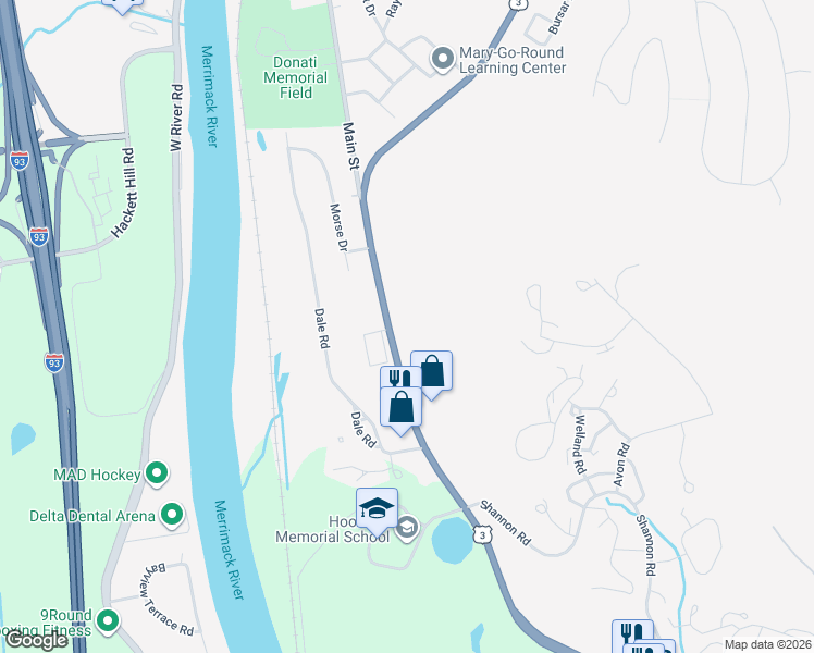 map of restaurants, bars, coffee shops, grocery stores, and more near 1601 Hooksett Road in Hooksett
