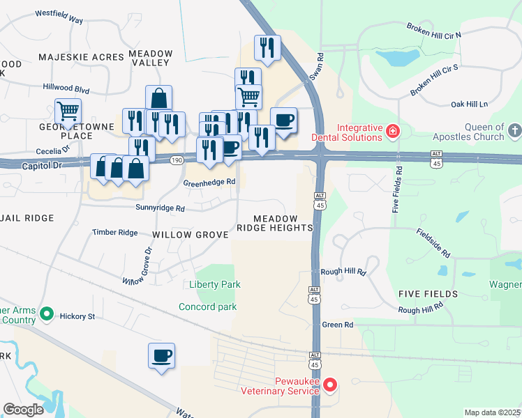 map of restaurants, bars, coffee shops, grocery stores, and more near 1436 Sunnyridge Road in Pewaukee