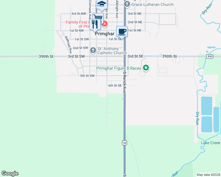 map of restaurants, bars, coffee shops, grocery stores, and more near 260-398 6th Street Southeast in Primghar