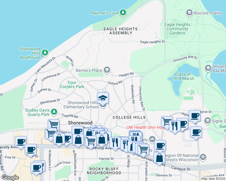 map of restaurants, bars, coffee shops, grocery stores, and more near 1234 Dartmouth Road in Madison