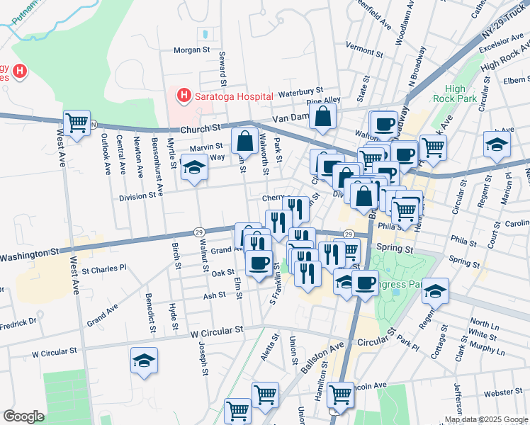 map of restaurants, bars, coffee shops, grocery stores, and more near 35 Walworth Street in Saratoga Springs