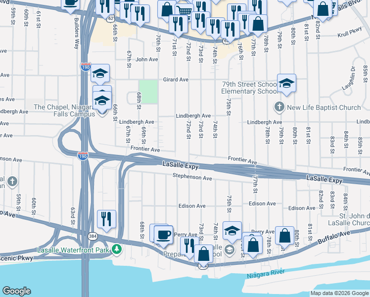 map of restaurants, bars, coffee shops, grocery stores, and more near 433 71st Street in Niagara Falls