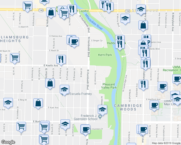 map of restaurants, bars, coffee shops, grocery stores, and more near in Milwaukee