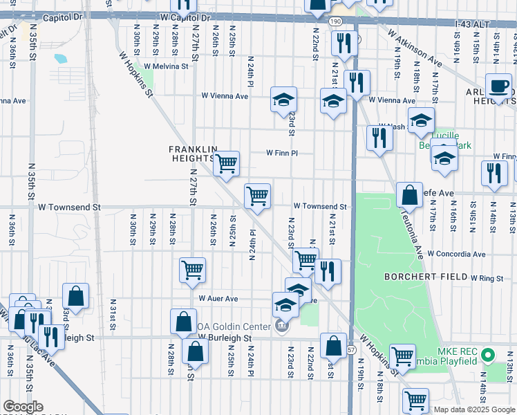 map of restaurants, bars, coffee shops, grocery stores, and more near 3418 North 24th Place in Milwaukee