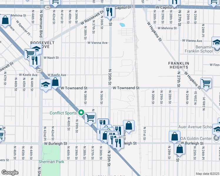 map of restaurants, bars, coffee shops, grocery stores, and more near 3413 North 35th Street in Milwaukee