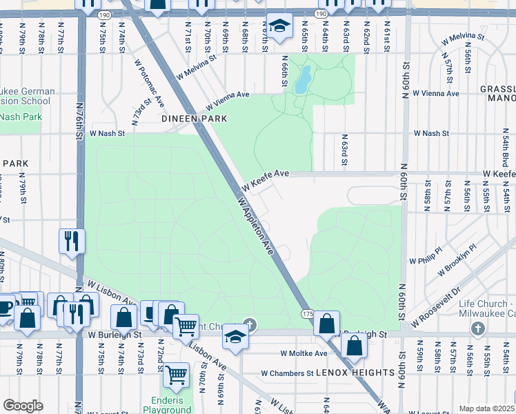 map of restaurants, bars, coffee shops, grocery stores, and more near 6780 West Appleton Avenue in Milwaukee