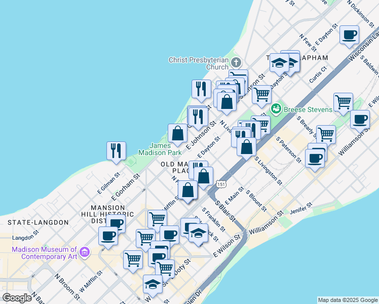 map of restaurants, bars, coffee shops, grocery stores, and more near 635 East Johnson Street in Madison