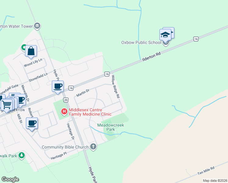 map of restaurants, bars, coffee shops, grocery stores, and more near 61 Willow Ridge Road in Middlesex Centre