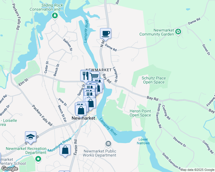 map of restaurants, bars, coffee shops, grocery stores, and more near 21 Bay Road in Newmarket