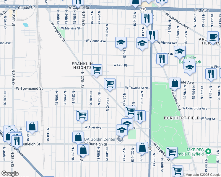 map of restaurants, bars, coffee shops, grocery stores, and more near 3418 North 24th Place in Milwaukee