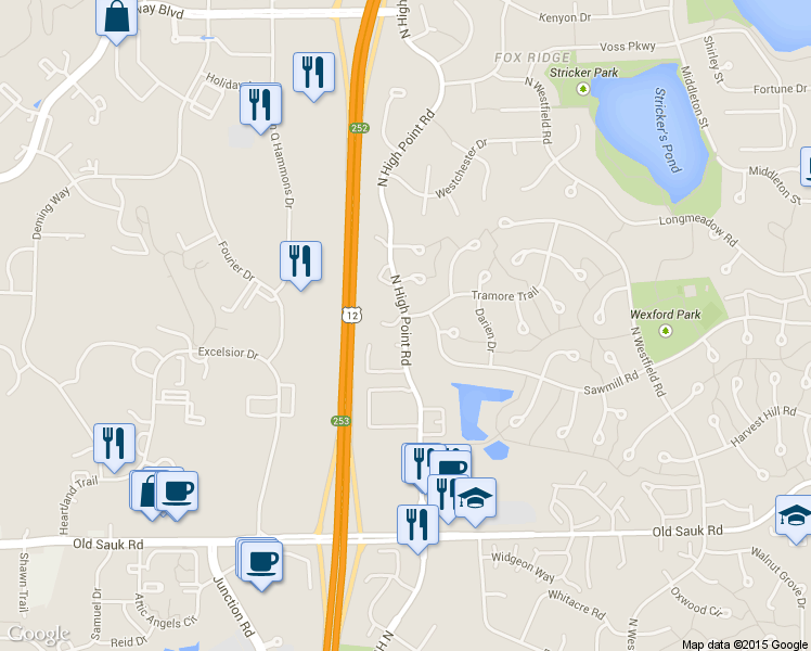 map of restaurants, bars, coffee shops, grocery stores, and more near 1022 N High Point Rd in Madison
