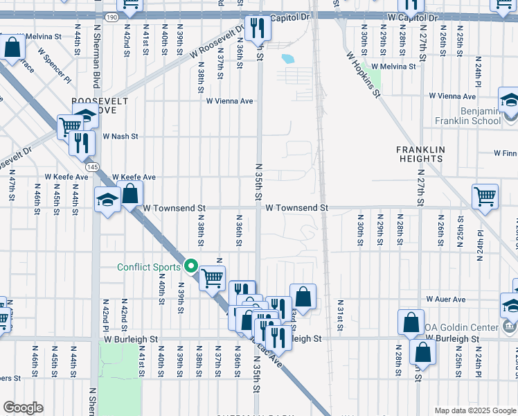 map of restaurants, bars, coffee shops, grocery stores, and more near North 35th Street in Milwaukee