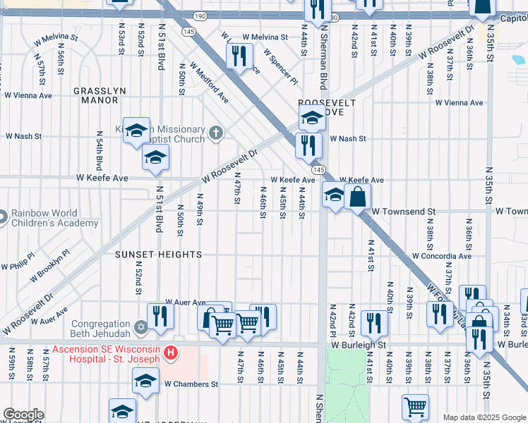 map of restaurants, bars, coffee shops, grocery stores, and more near N 46th St & W Townsend St in Milwaukee