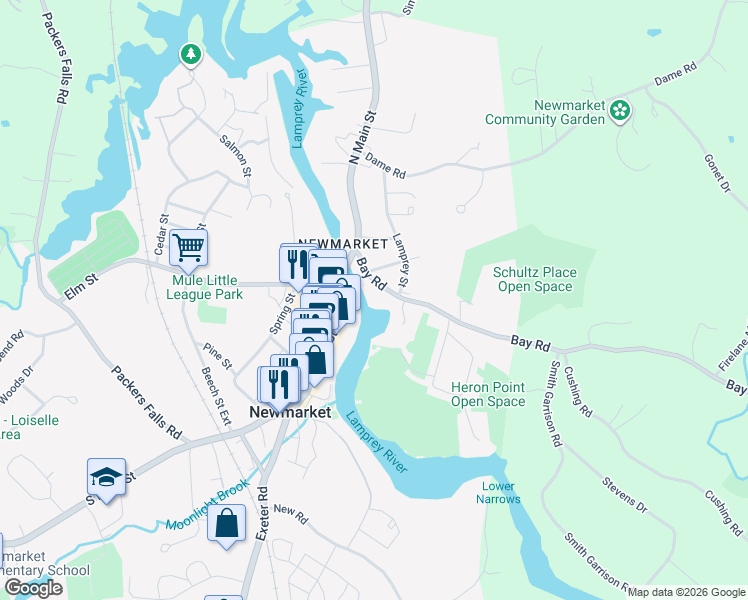 map of restaurants, bars, coffee shops, grocery stores, and more near 25 Bay Road in Newmarket