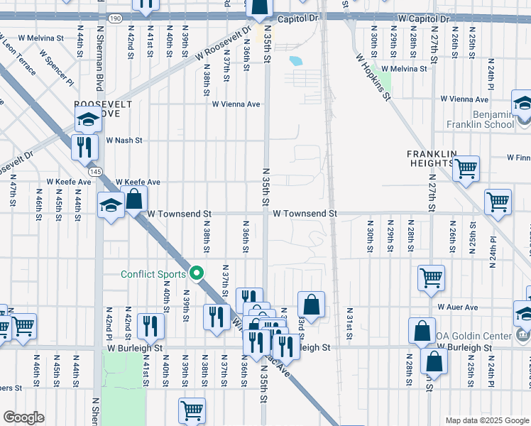 map of restaurants, bars, coffee shops, grocery stores, and more near North 35th Street in Milwaukee