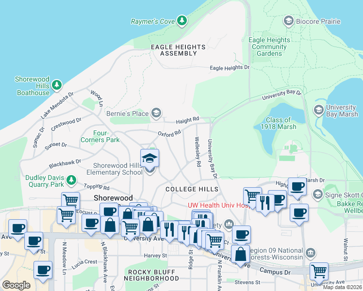 map of restaurants, bars, coffee shops, grocery stores, and more near 1233 Sweetbriar Road in Madison