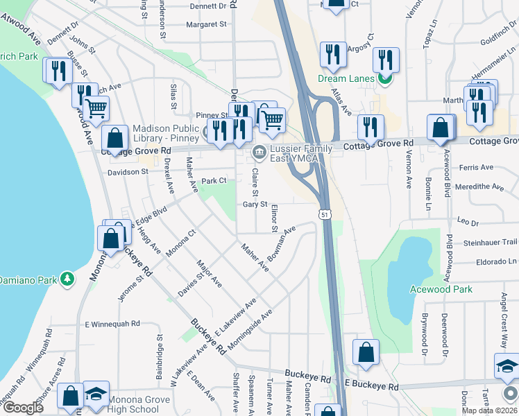 map of restaurants, bars, coffee shops, grocery stores, and more near 4202 Claire Street in Madison