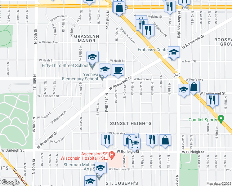map of restaurants, bars, coffee shops, grocery stores, and more near W Townsend St & N 50th St in Milwaukee