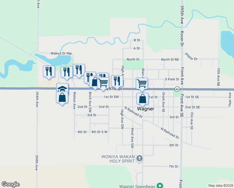 map of restaurants, bars, coffee shops, grocery stores, and more near 1-99 High Avenue Southwest in Wagner
