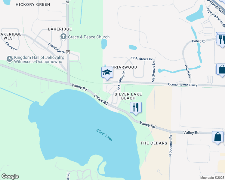 map of restaurants, bars, coffee shops, grocery stores, and more near 1605 Vico Pass in Oconomowoc