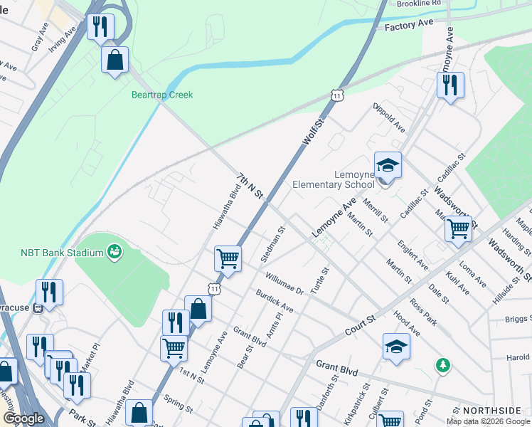 map of restaurants, bars, coffee shops, grocery stores, and more near in Syracuse