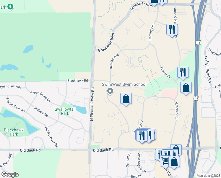map of restaurants, bars, coffee shops, grocery stores, and more near 1111 Deming Way in Madison