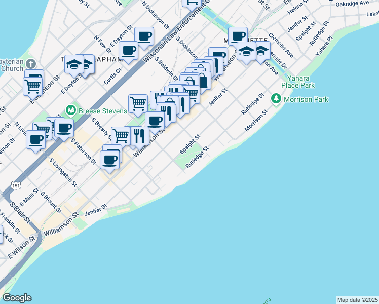 map of restaurants, bars, coffee shops, grocery stores, and more near 698 South Few Street in Madison