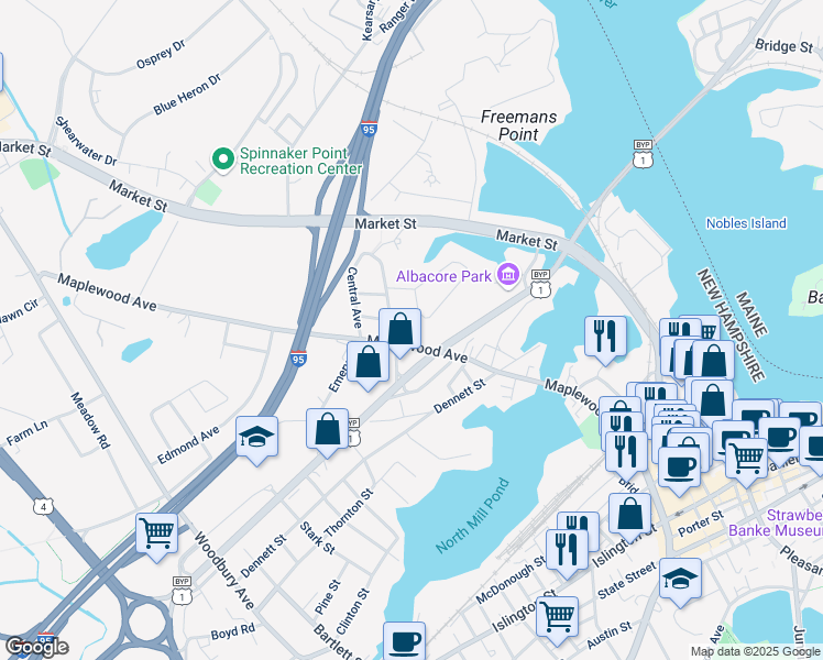 map of restaurants, bars, coffee shops, grocery stores, and more near 122 Leslie Drive in Portsmouth