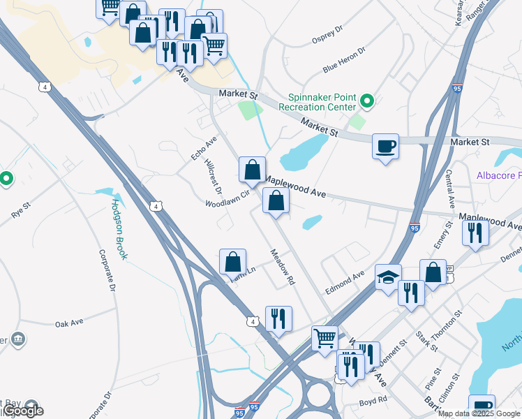 map of restaurants, bars, coffee shops, grocery stores, and more near 22 Maple Street in Portsmouth