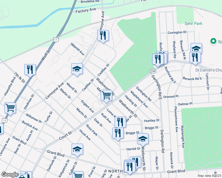 map of restaurants, bars, coffee shops, grocery stores, and more near 1056 Wadsworth Street in Syracuse