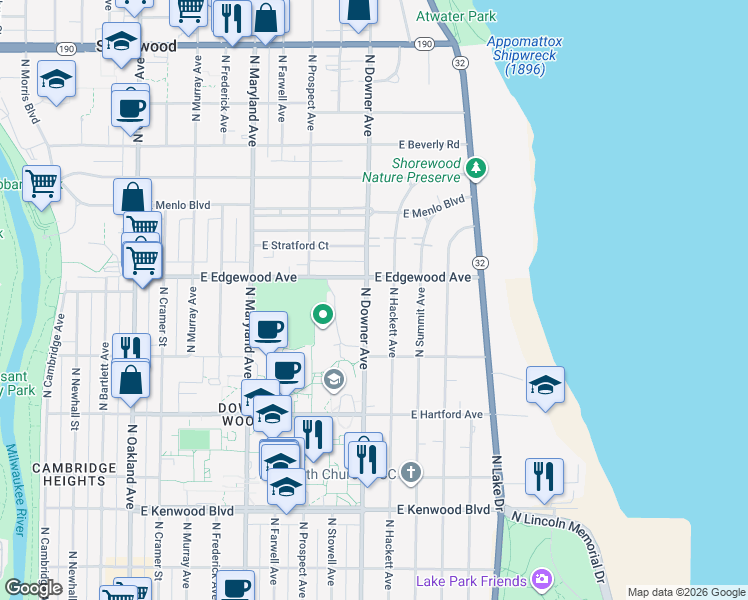 map of restaurants, bars, coffee shops, grocery stores, and more near 3484 North Downer Avenue in Milwaukee