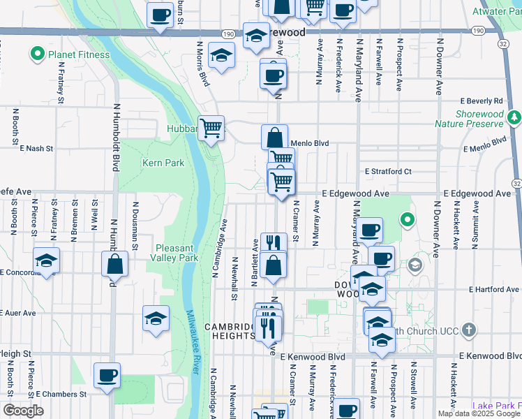 map of restaurants, bars, coffee shops, grocery stores, and more near 3483 North Oakland Avenue in Milwaukee
