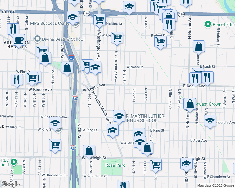 map of restaurants, bars, coffee shops, grocery stores, and more near 3454 Vel R. Phillips Avenue in Milwaukee
