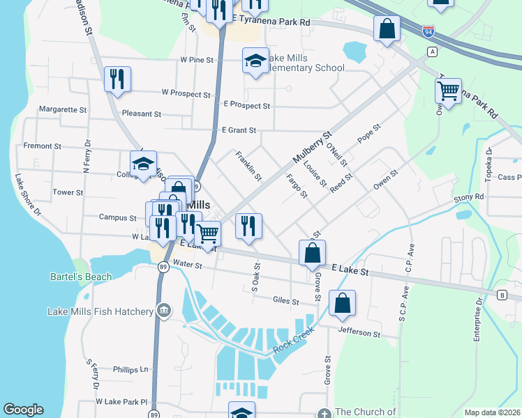 map of restaurants, bars, coffee shops, grocery stores, and more near 400 Browns Court in Lake Mills
