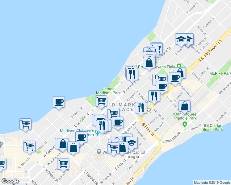 map of restaurants, bars, coffee shops, grocery stores, and more near 609 East Gorham Street in Madison