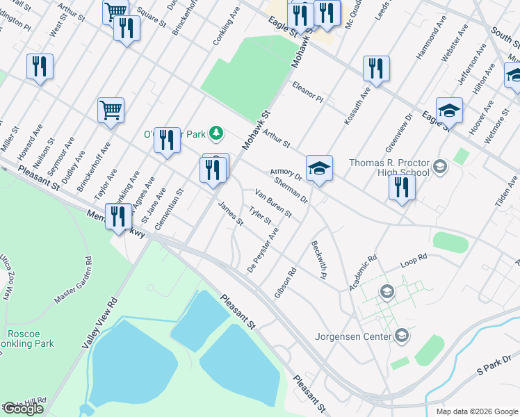 map of restaurants, bars, coffee shops, grocery stores, and more near 1513 Brookside Avenue in Utica