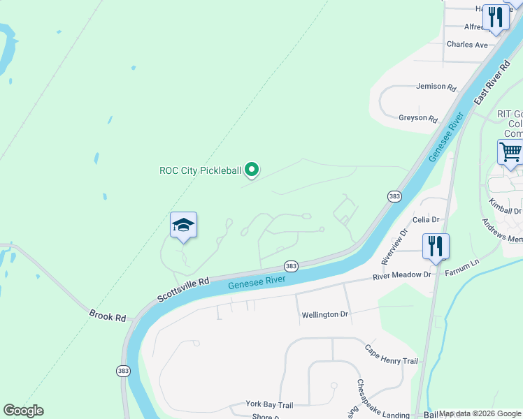 map of restaurants, bars, coffee shops, grocery stores, and more near 17 Overview Circle in Rochester