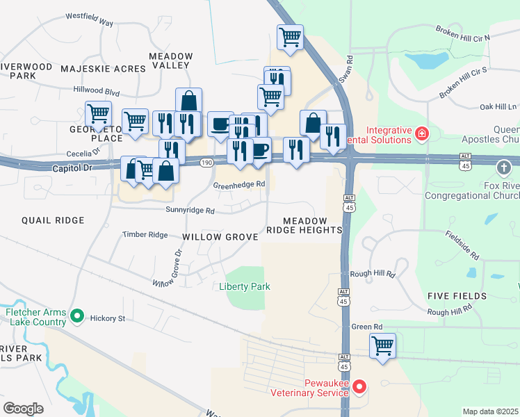 map of restaurants, bars, coffee shops, grocery stores, and more near 1384 Sunnyridge Road in Pewaukee