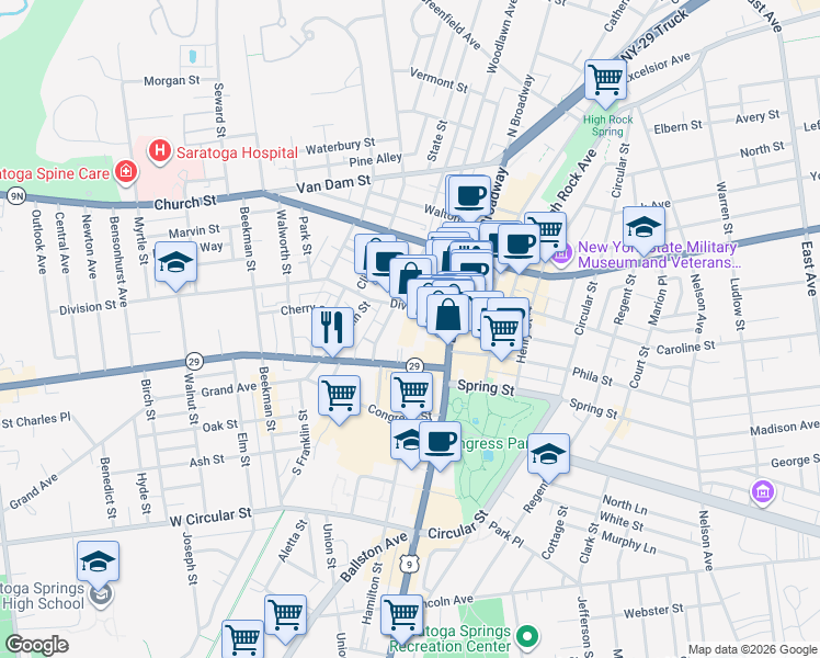 map of restaurants, bars, coffee shops, grocery stores, and more near 18 Division Street in Saratoga Springs